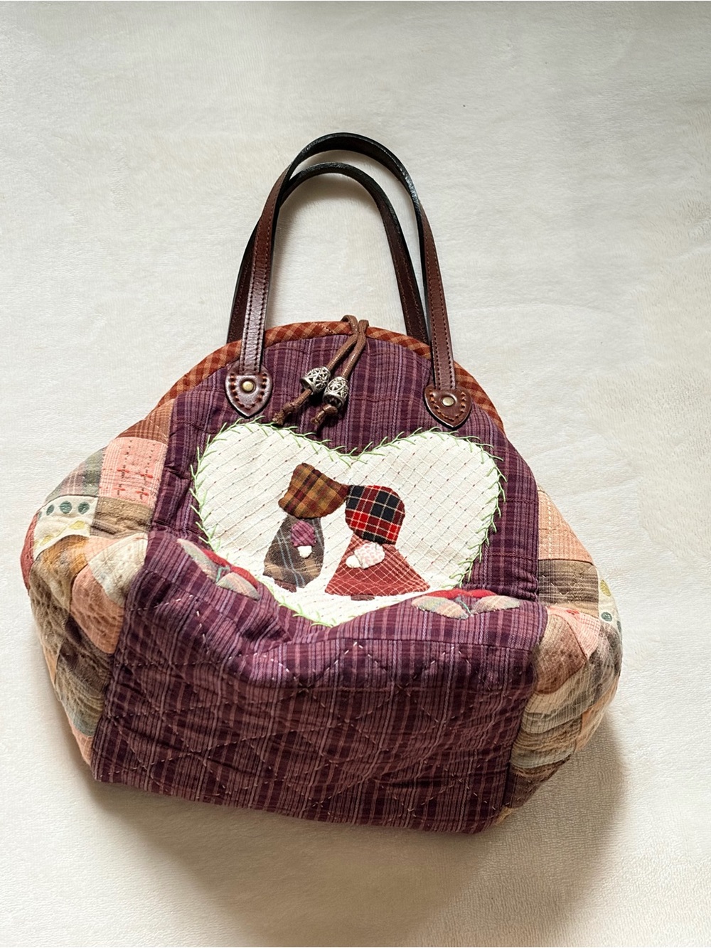 Handmade Quilted Heart Tote Bag in Plum and Patchwork